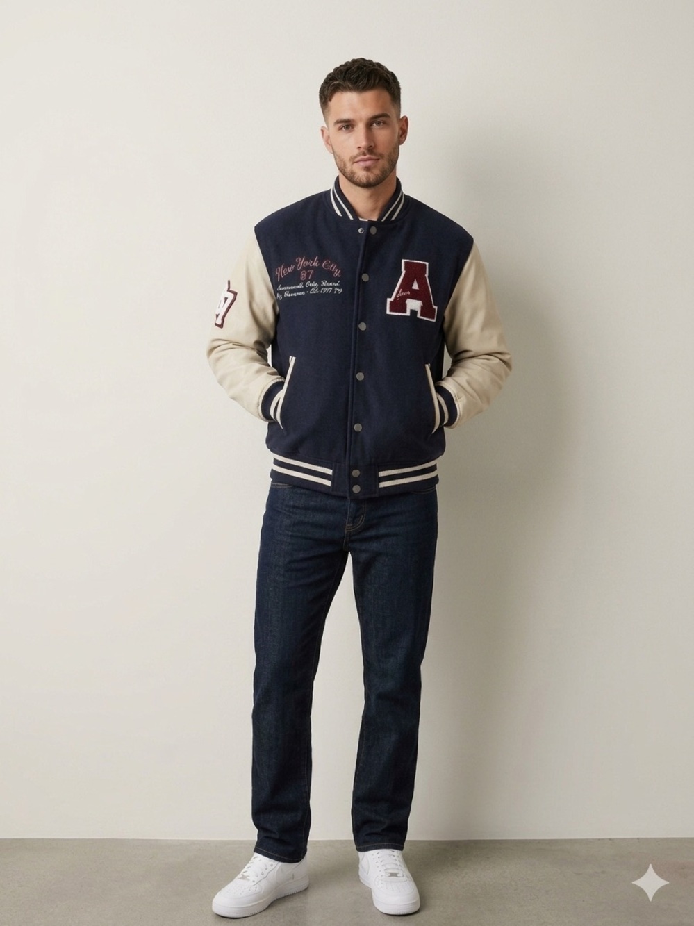 Aeropostale Varsity Bomber Jacket Blue Cream Letterman Athletic Coat Sz M NWT